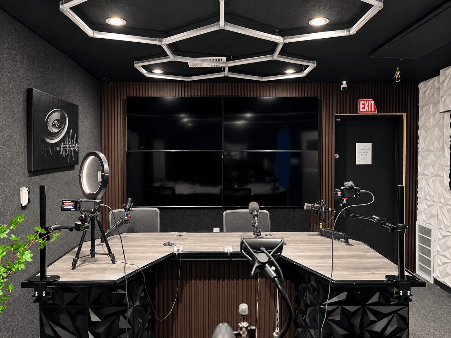 Studio B full setup with cameras, microphones, and professional lighting